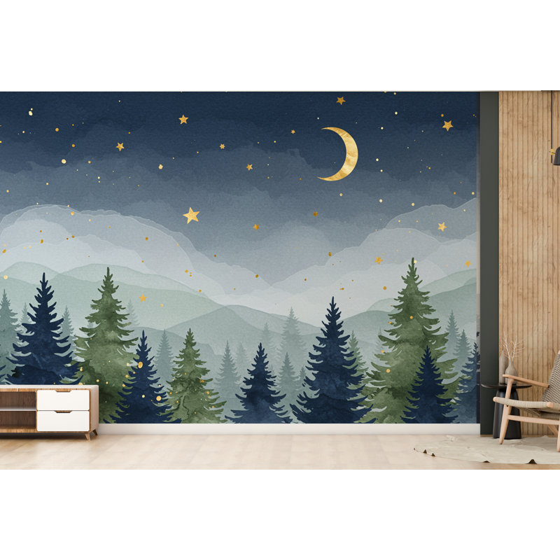 Papier peint Starry Night Forest - luxueuse aquarelle murale lune et étoiles, chambre d'enfant enchantée ou chambre de bébé (non tissée) 888DRS