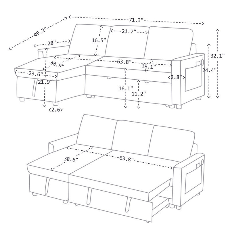 Canapé modulaire réversible en L 71 po avec méridienne et rangement sous le siège, canapé modulaire avec ports USB