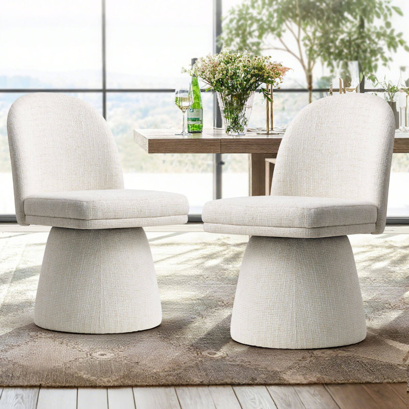 Upholstered Tweed Fabric Swivel Dining Chairs, Beige