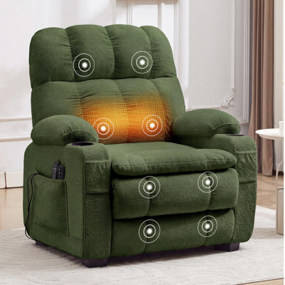 Oversized Power Recliner Massage & Heat, 25.6" Wide Big & Tall Chair USB Port & Lumbar Pillow, Green