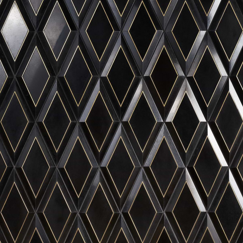 Basque 6x12 Beveled Polished Marble Tile, Black/Brass