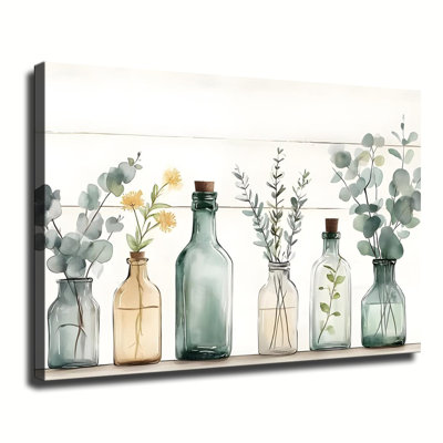 Tableau sur toile encadré, prêt à accrocher, représentant de la verdure en bouteilles de verre : décor mural idéal pour le salon, la chambre ou toute autre pièce de la maison.