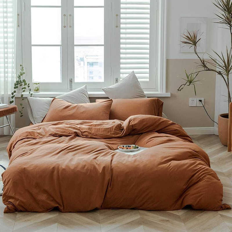 Ensemble de housse de couette 100% coton VCLIFE, Housse de couette pour très grand lit et 2 taies, Orange brûlé