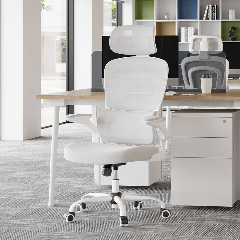 Chaise de bureau moderne et ergonomique avec appui-tête réglable, accoudoirs pliables et soutien lombaire, Gris