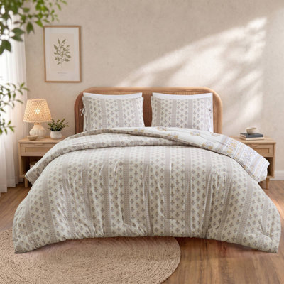 Ensemble de literie pour lit double/queen, couette réversible 3 pièces à motif floral rose doré