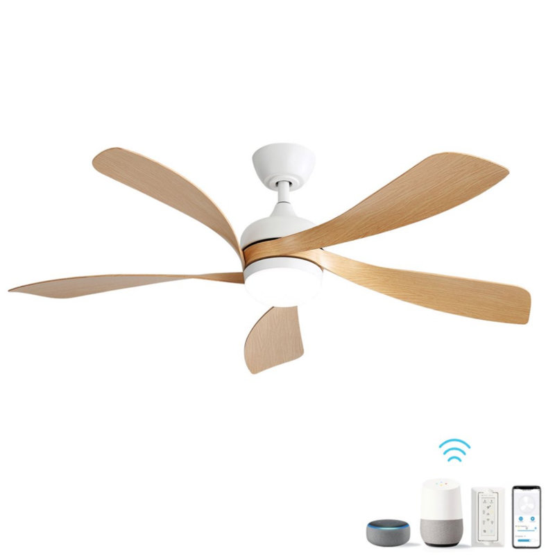 52 Inch Modern Ceiling Fan With 5 ABS Blades, Reversible Motor & Smart Remote Control,3 Color Dimmable Led Light, Light Wood