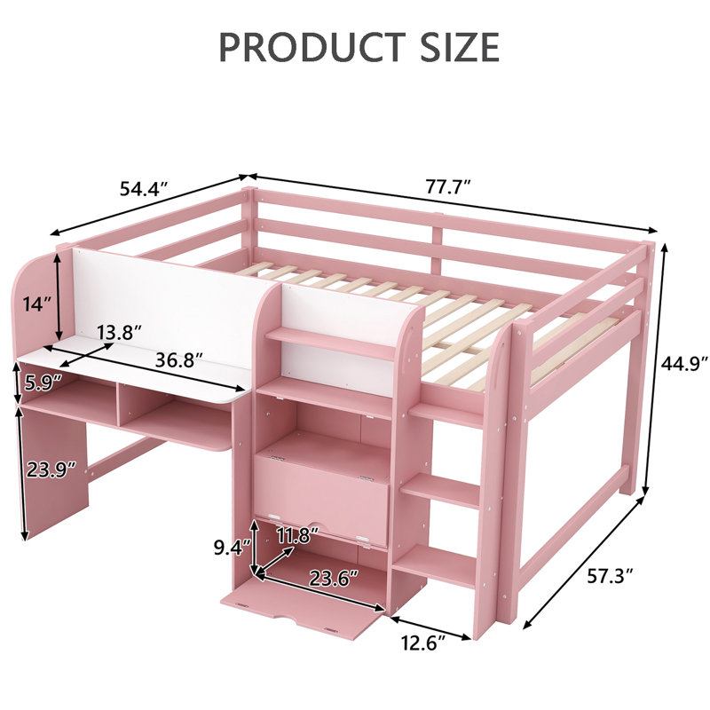 Lit mezzanine bas avec bureau intégré, planche à griffes et rangement, Rose