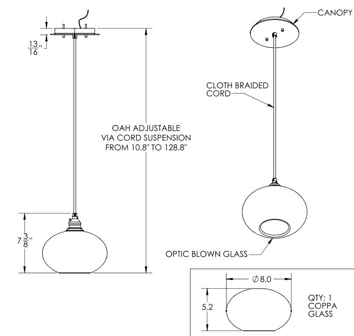 Luminaire suspendu sphérique 1 lumière Coppa