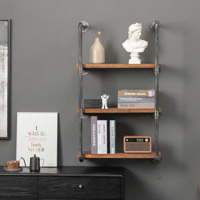 3-Tier Industrial Pipe Shelves Floating Wall Mounted Bookshelf, Metal Frame Display Rack, 0.78" Thickness Shelving Unit For Farmhouse, Kitchen, Bar, Rustic Brown