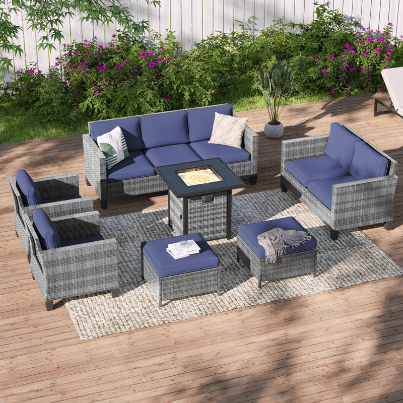7 Pieces Patio Sofa with Square Fire Pit Table and Ottomans, Gray, Navy Blue