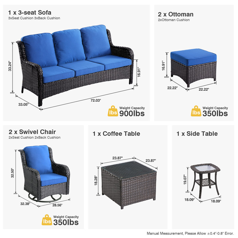 5 - Person Outdoor Conversation Set, Wicker Patio Sofa & Swivel Chair Set with Cushions, Navy Cushion/Brown Frame