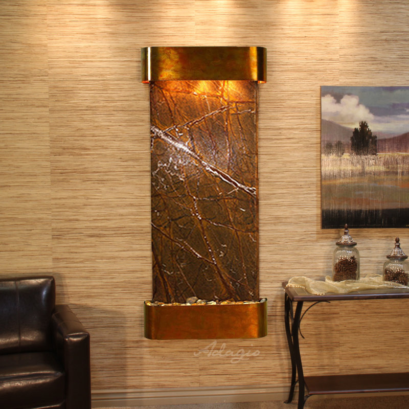 Brown Rainforest Marble Waterfall Wall Fountain with Rustic Copper Frame