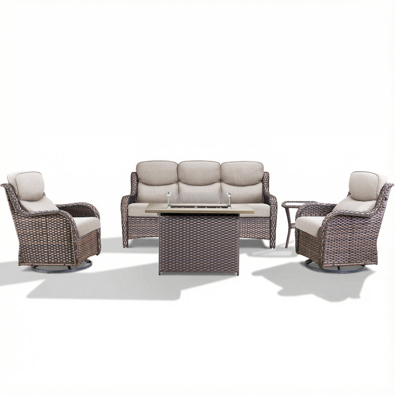 Anner 5-Piece All Weather Outdoor Wicker Patio Conversation Set With Rectangle Fire Pit Table, Swivel Gliders And Side Table