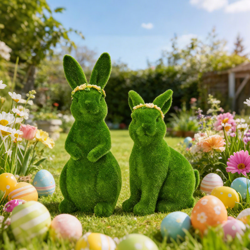 Ornement de jardin en forme de peluche de lapin 9,8 "7,3" vert 2 pièces avec couronne florale