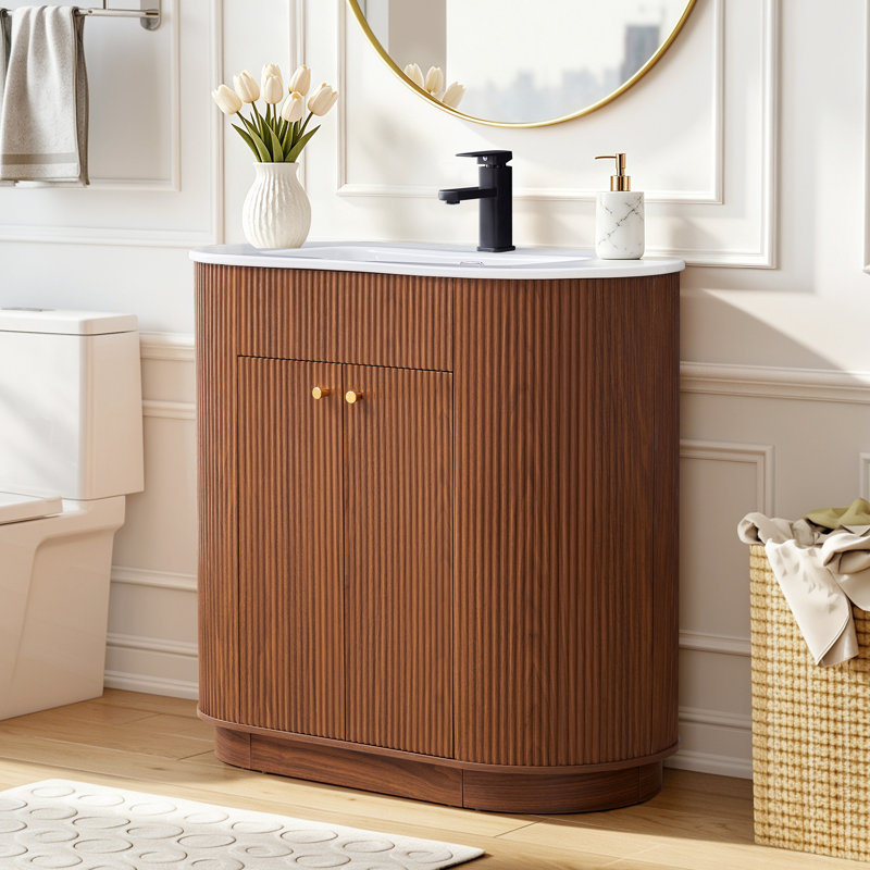 Ensemble de meuble-lavabo simple 35,83 "avec comptoir, robinet et armoire cannelée, Walnut