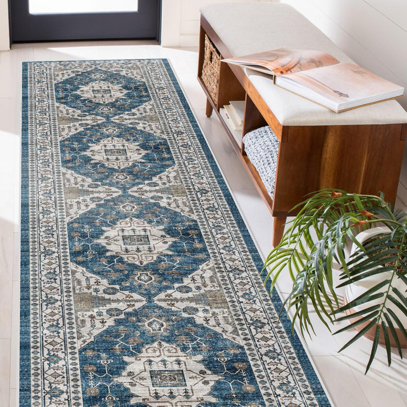 Hallway Washable Rug - Kitchen Rugs Entryway Rug Vintage Soft Floor Mat Non Slip Indoor Farmhouse Carpet for Bathroom Living Room Bedroom (Blue)