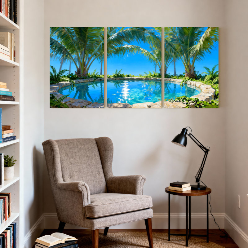 Palmiers, piscine tropicale, palmiers, reflet du ciel, jardin d'eau, ensemble de 3 impressions sur toile, H 18 po x l 36 po