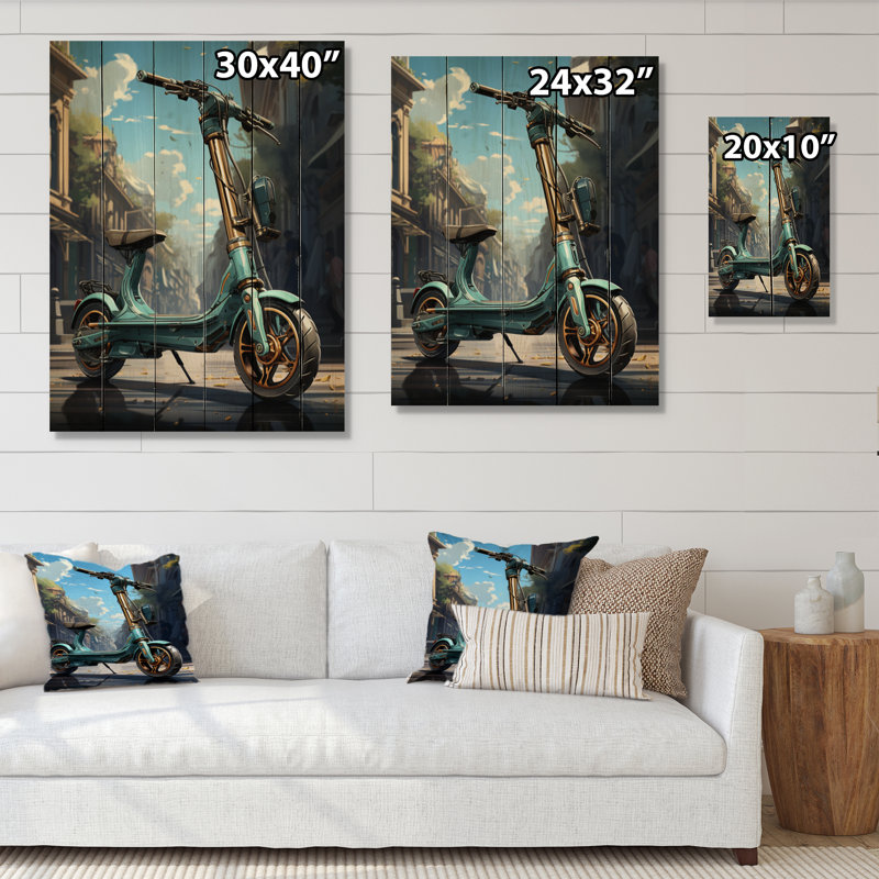 Turquoise, scooter électrique sur glissière dorée sur bois, H 20 po x l 10 po x P 0,78 po