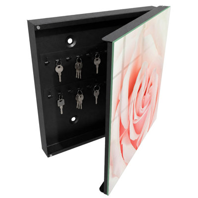 Decorative key box for wall, Opens to the left, 30x30x5, Black, Rose in subtle pastel shades, 