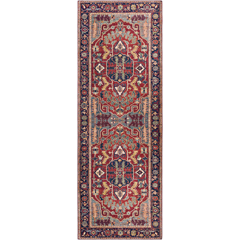 Tapis rouge / bleu marine Fleckenstein, Tapis de couloir 2 pi 6 po x 7 pi 6 po