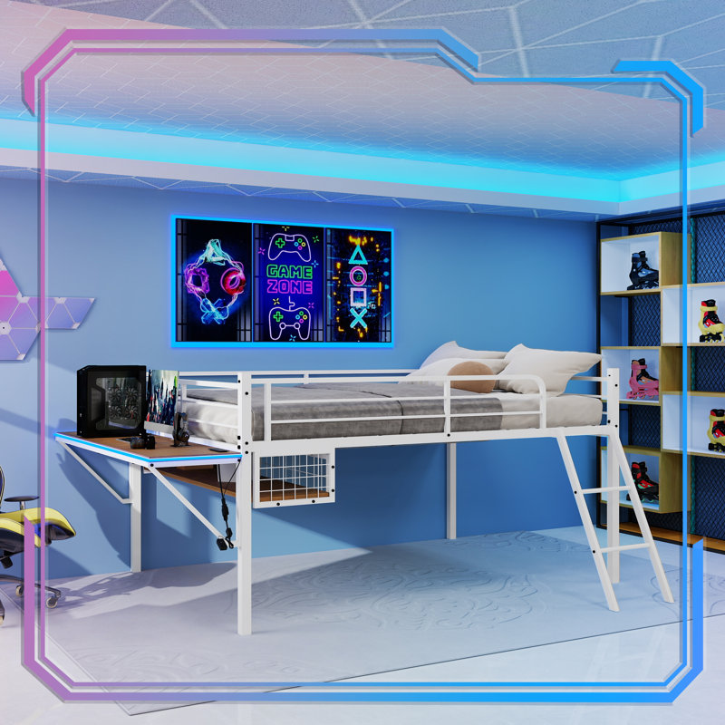 Lit mezzanine double en métal avec bureau intégré et bande lumineuse à DEL, cadre de lit mezzanine avec garde-corps de sécurité, échelle inclinée et espace de rangement sous le lit, aucun sommier nécessaire