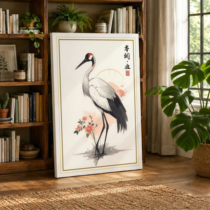 Crane with Blossoms Japandi - Wrapped Canvas, 24x16 - 61.0 x 40.6 cm, White Border