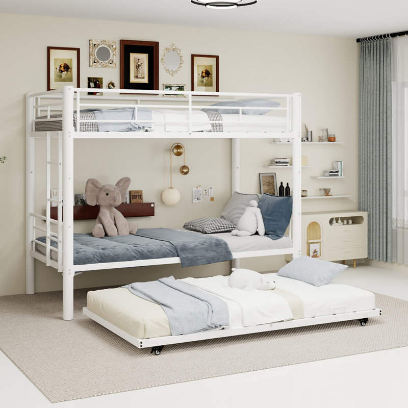 3-Tier Metal Bunk Bed with Pull-Out Bed Single Size Iron 1-Piece Bunk Bed White - With Reinforced Frame and Roller Trundle