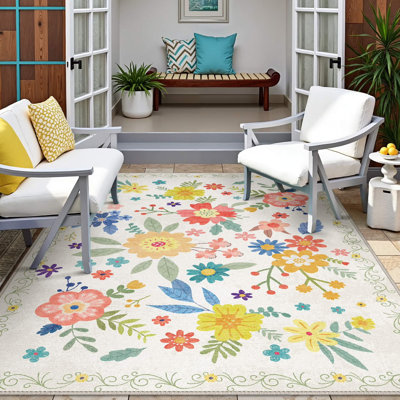 Aloha Washable Rug Outdoor Floral, Non-Shedding & Easy to Clean, Ideal for Patio, Backyard, Mudroom
