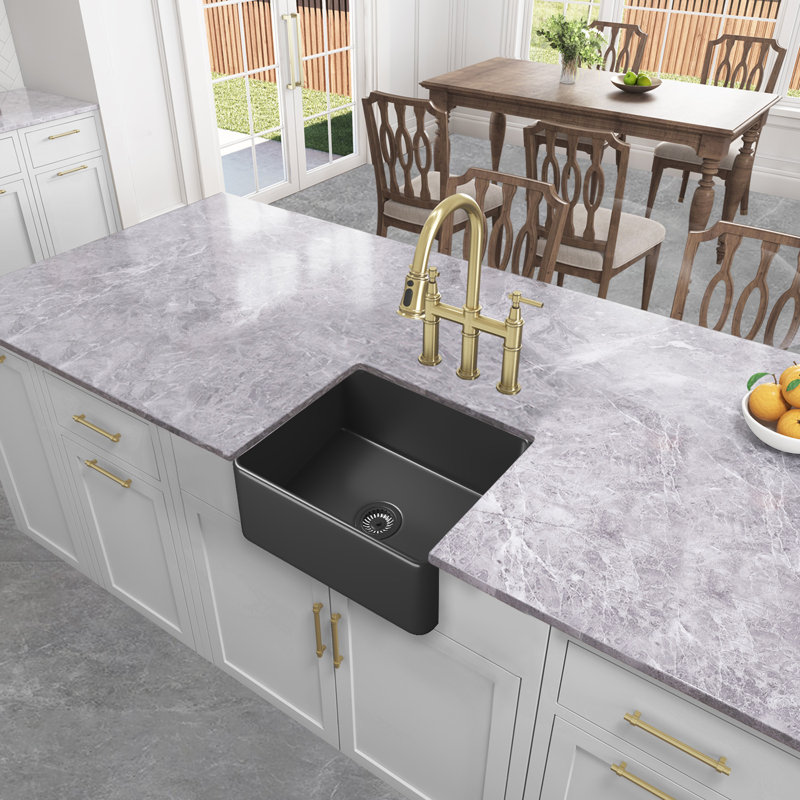 Single Bowl Fireclay Kitchen Sink, Matte Black, 10" H x 24" L x 18" W