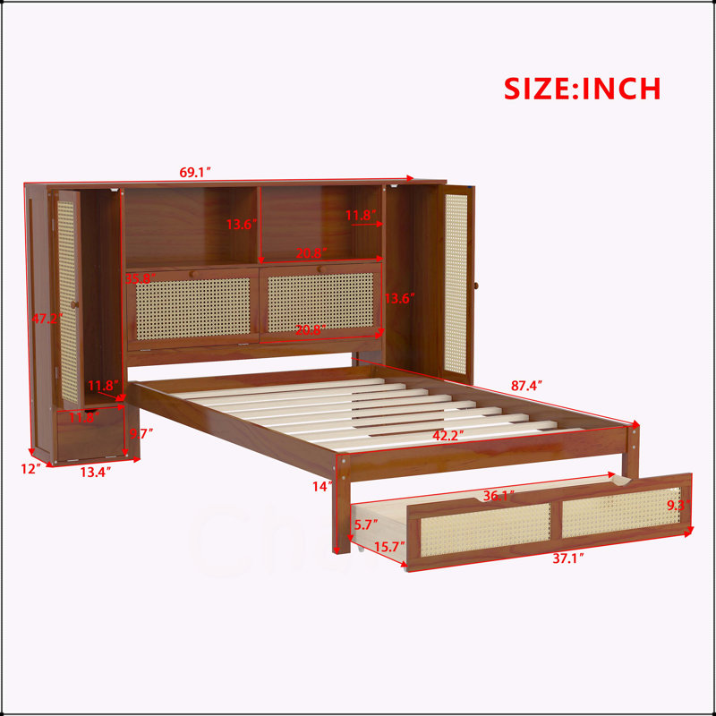 Lit simple en bois avec deux casiers de rangement, Noyer
