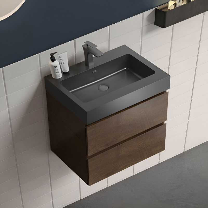 Meuble-lavabo simple mural avec surface solide avec trop-plein, pré-assemblé, Noyer, 24", Noir mat