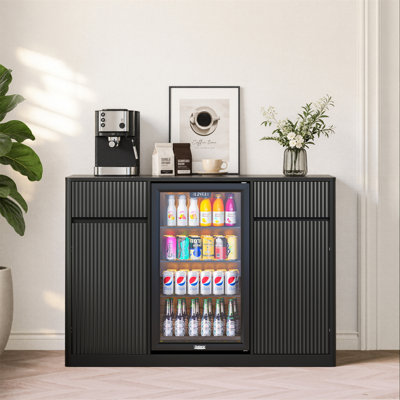 53'' Fluted Bar Cabinet with Fridge Space (Fridge Not Included), Modern Coffee Station with Charging Hub & Wine Glass Rack Buffet Sideboard for Home Beverage & Liquor Storage.