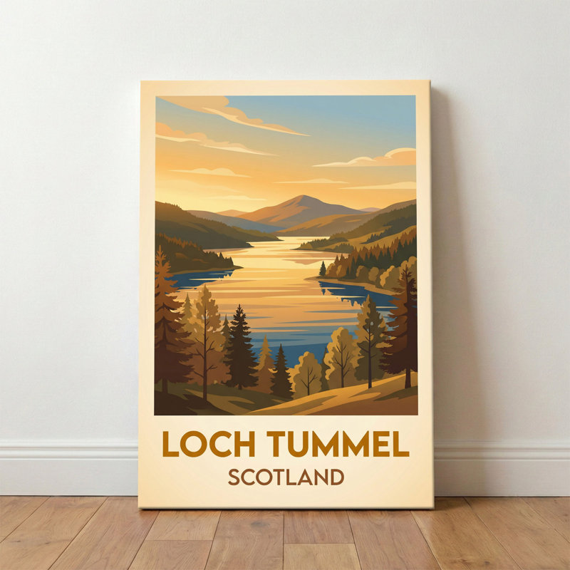 Loch Tummel, Scotland - Golden Highlands Travel Poster: Romantic Lochside Escape. Giclee Print on Wrapped Canvas. Wall Art, Home Decor - Natural Landmarks, Scotland 1 Piece Wrapped Canvas Wall Art