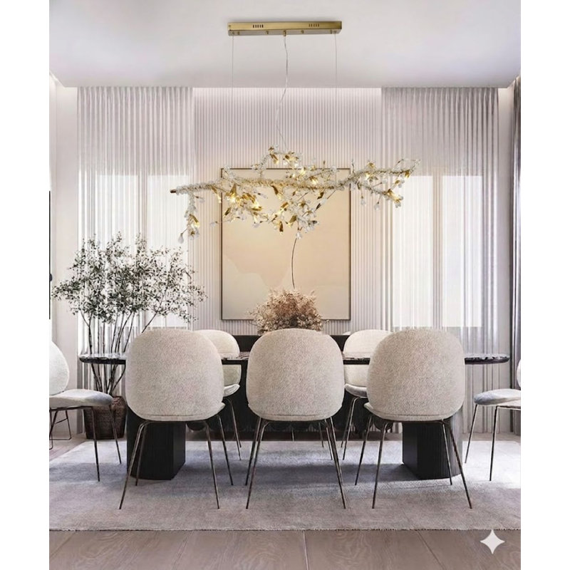 Lustre 20 lumières dorées avec cristaux transparents et champagne