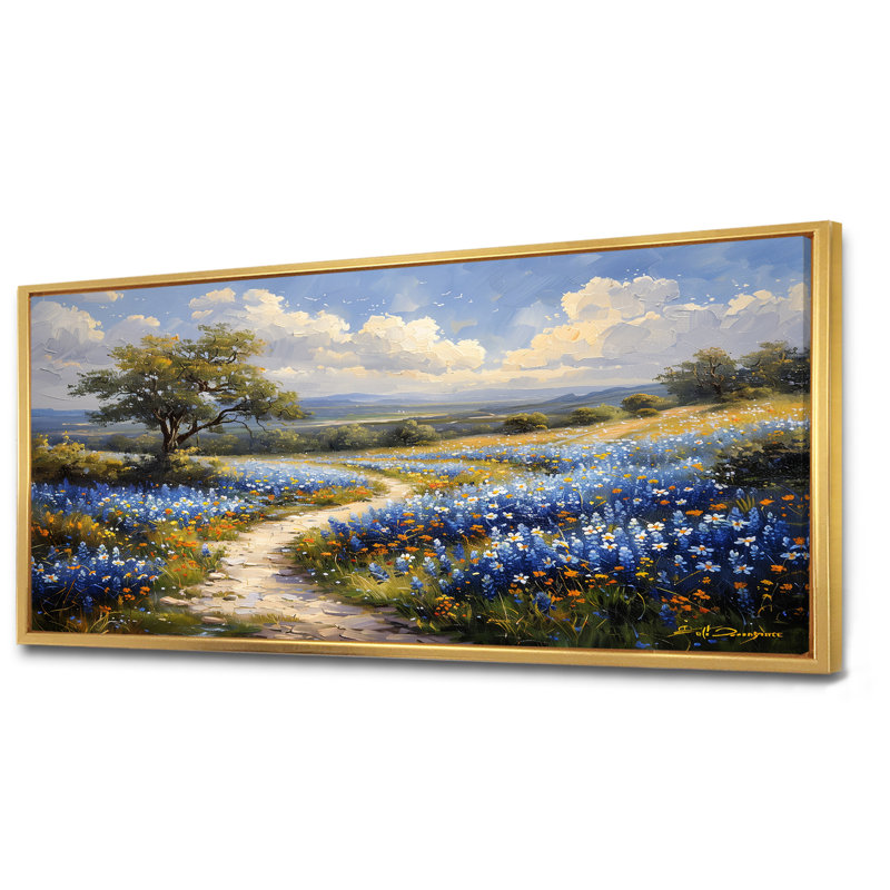 «Blue Green Summer Meadow Charm Blue Bonnets III - Blue Bonnets», reproduction d'art, Toile avec cadre flottant or