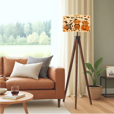  Tripod Standing Lamp Cute Halloween Cows Pumpkins Festive Decorations Remote Controlled Dimmable LED Floor Lamp with Beech Wood Legs & Detachable Linen Shade for Farmhouse Apartment Living Room and Bedroom