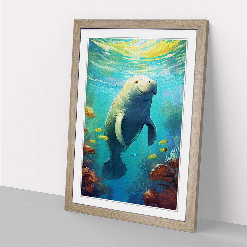 Manatee Nouveau - Single Picture Frame Print on Wood, Oak Framed, 34cm H x 25cm W x 2cm D