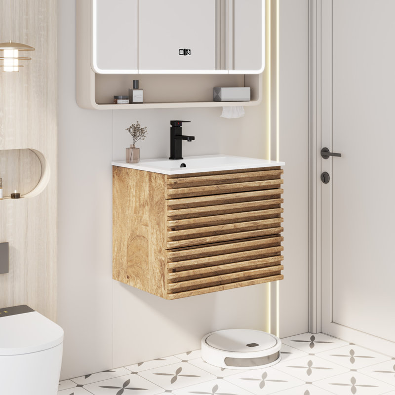 Meuble-lavabo mural simple de 24 po avec comptoir d'évier, robinet et drain en bois Marilyse, certifié EPA, Chêne
