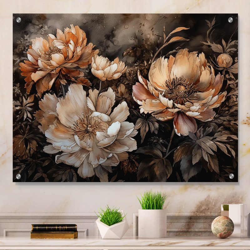Crème brun pivoines en mouvement - pivoines, art mural acrylique moderne, H 12 po x l 20 po
