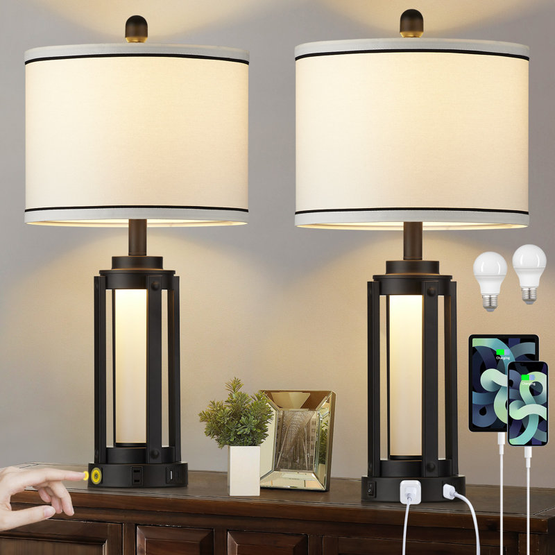 Tatyanna 26" Modern USB Table Lamp Set with Night Light, Built-in Outlet