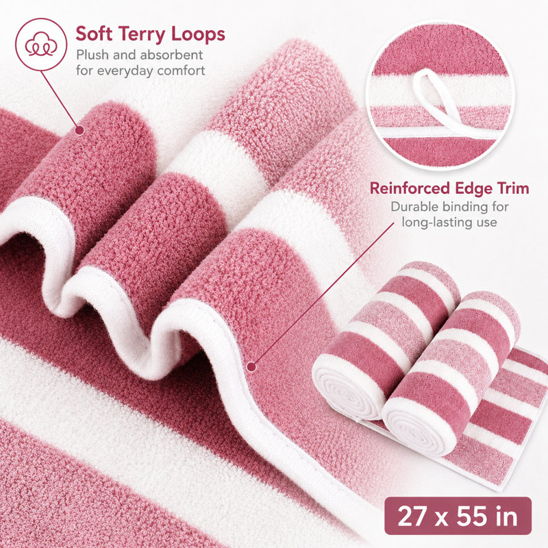 Ensemble de serviettes en microfibre pour salle de bain, 2 pièces 27 po x 55 po, Rayure rose