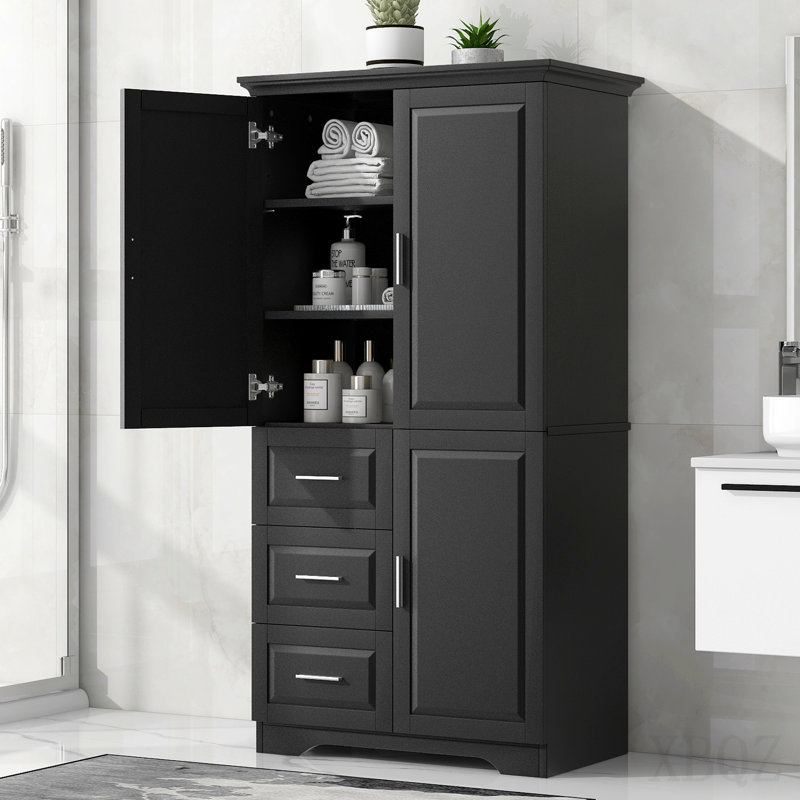 Armoire de rangement haute et large avec portes pour salle de bain / bureau, trois tiroirs, noir, Black