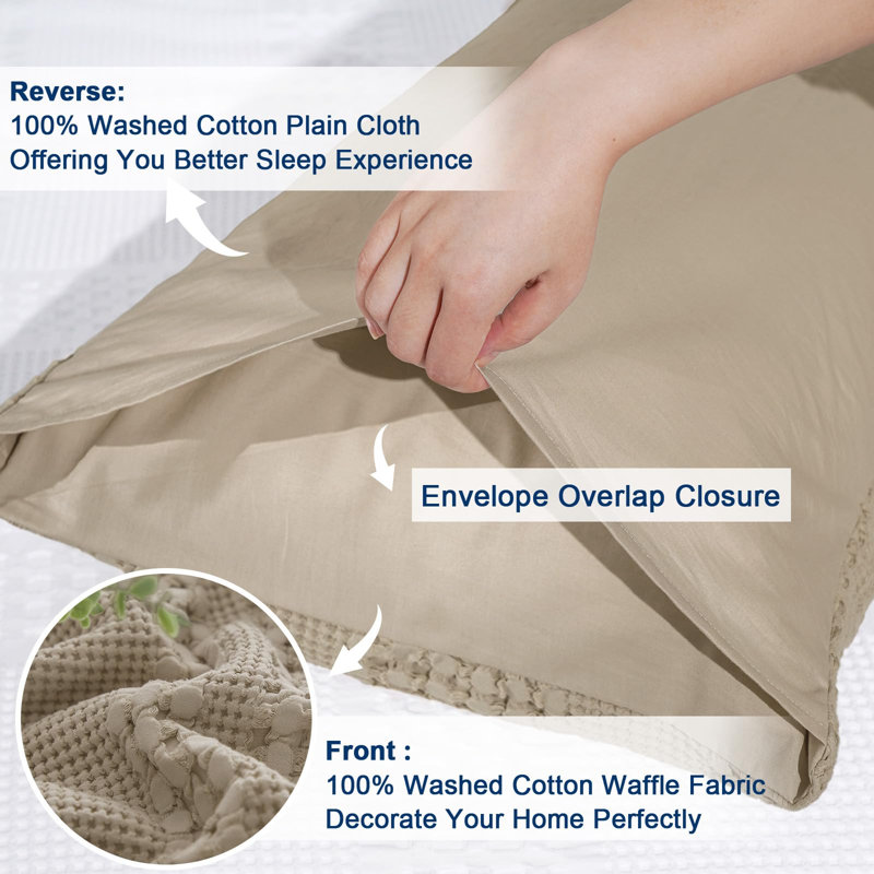 PHF 100% Cotton Ruffle Waffle Pillow Shams, 2 Pack Soft Skin-Friendly Bed Pillow Covers for Aesthetic Home Decor, Taupe