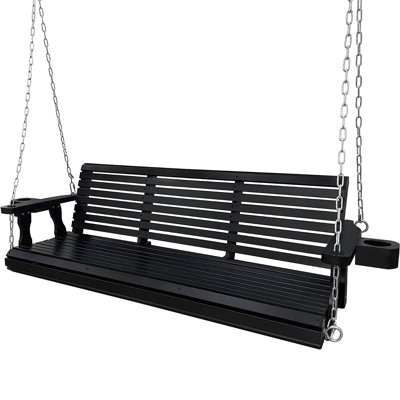 5 FT Wooden Porch Swing 3-Seater with Cupholders for Outdoor Patio Garden Yard