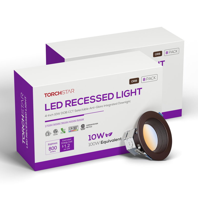 Luminaire encastré à DEL Core 4 po à déflecteur profond, sans boîtier, antiéblouissement, température de couleur réglable de 2700 K à 5000 K (5CCT), 800 lm, 10 W, IRC 90+, gradation, étanche à l'air (norme IC), résistant à l'humidité, finition bronze huilé