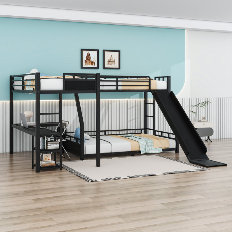 L-Shaped Metal Triple Bunk Bed With Slide, Desk And Storage, Extra Long Twin and Extra Long Twin Over Queen