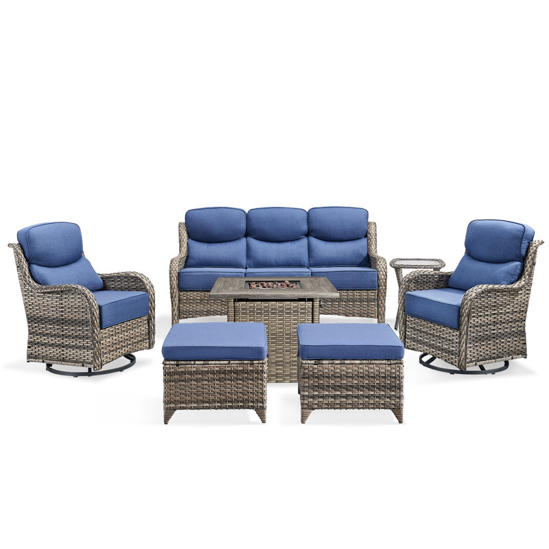 High Back Outdoor Furniture With 6-Inch Extra Thick Cushions, Patio Furniture Set With Fire Pit Table & Swivel Chairs, 7 PCS Wicker Conversation Set For Yard, Deck, Poolside