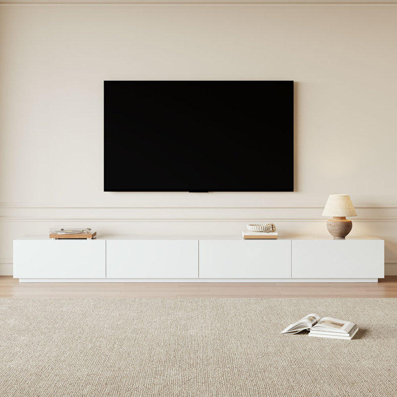 Meuble télé moderne blanc mat, grand meuble télé minimaliste pour téléviseur de 100 po avec 4 tiroirs