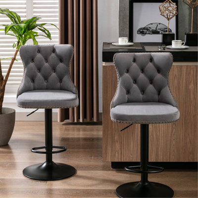 American Design Gray Velvet With Backs, Of 2, 360° Swivel, Adjustable Seat Height 25 - 33 Inch, 17.7 Inch Large Base, Ergonomic Seat, Hand Pulled Buttons For Home Pub Modern Style Hammered Rivets,