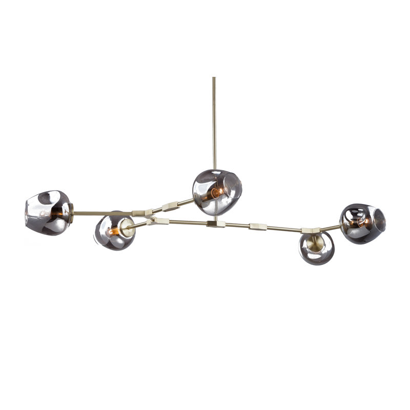Industrial 5 Light Brass Linear Shade Chandelier, Brass, Smoke
